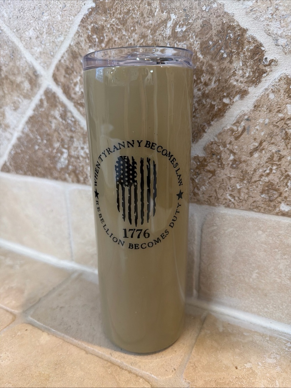 Personalized 1776 Rebellion Becomes Duty Tan Black Tumbler With Lid 20 Oz